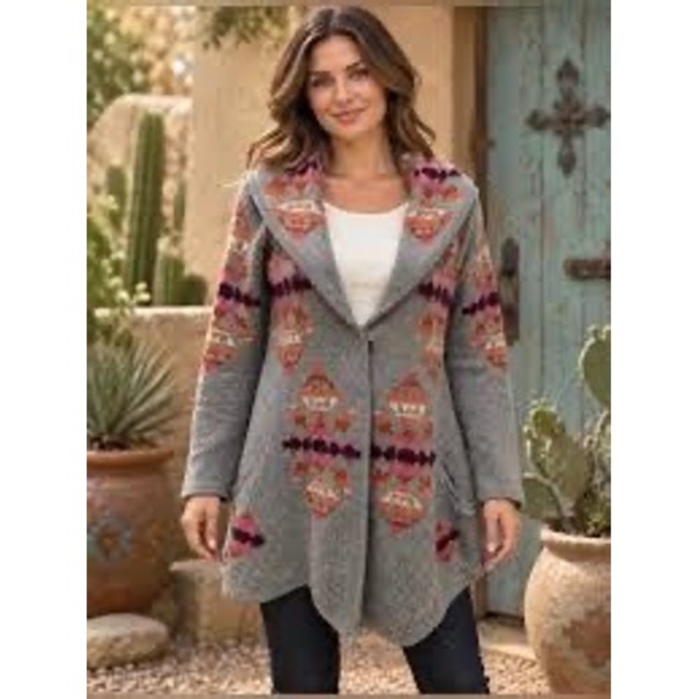 Free people small Gray Southwestern Knit Cardigan Jacket Shawl Collar Women